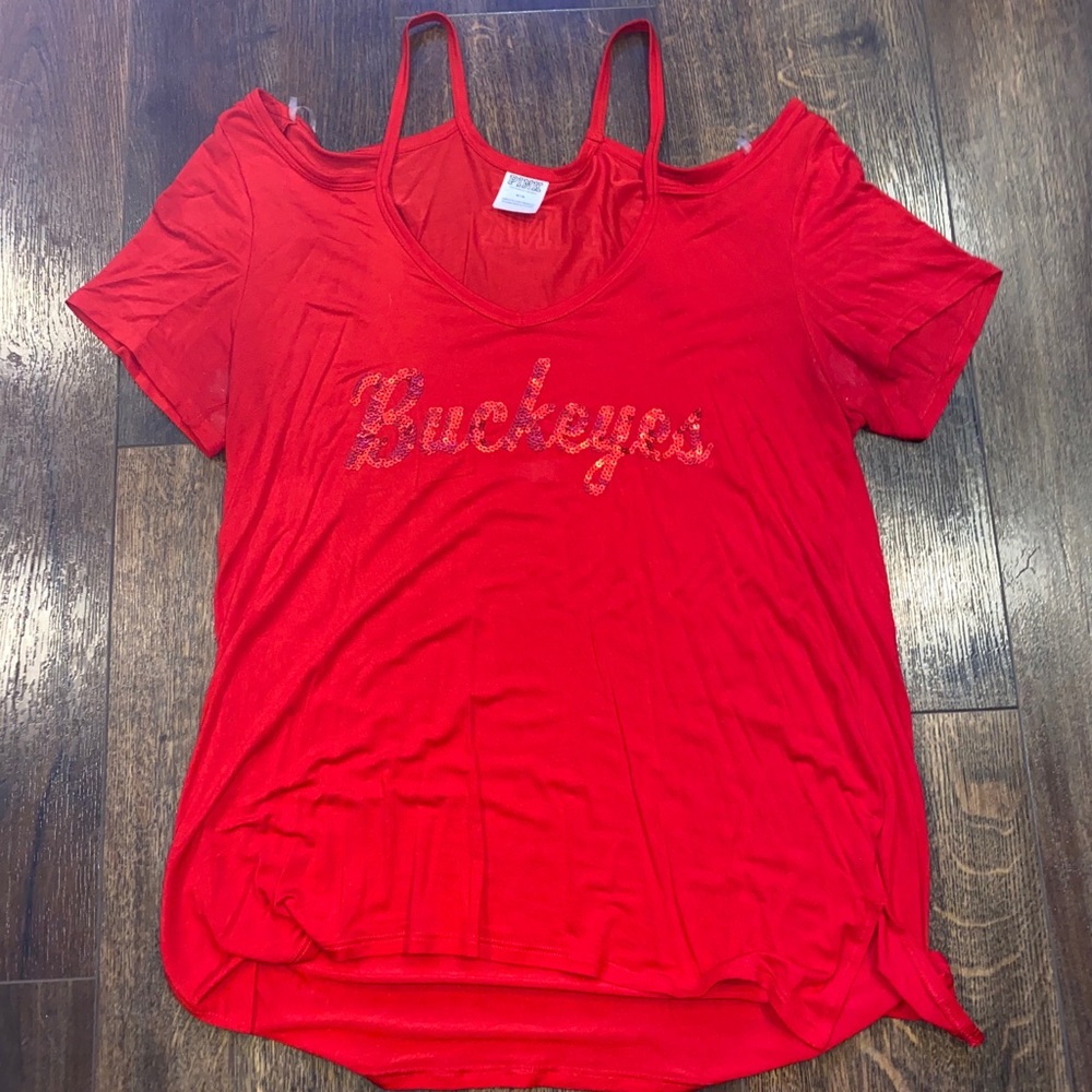 PINK OSU BUCKEYES BLING Cold shoulder T